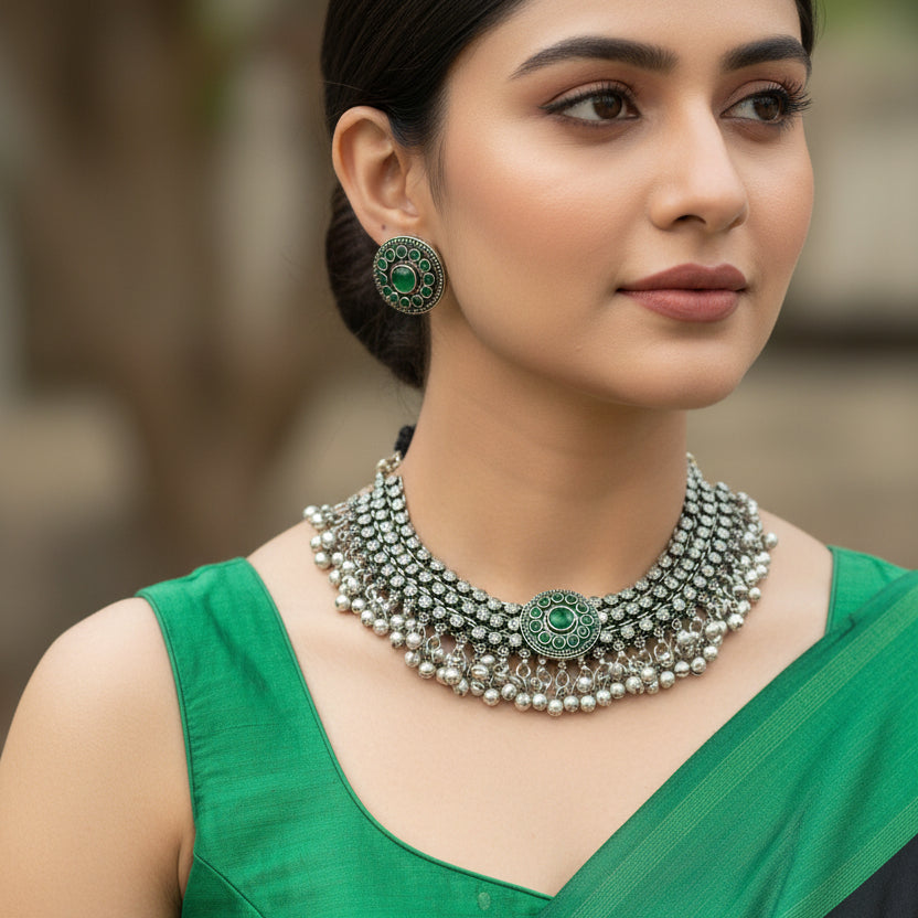 Silver necklace with green gemstones and matching earrings on a dark background