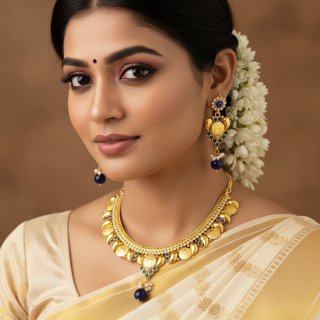Gold-toned traditional Indian jewelry set featuring a coin choker necklace and matching earrings with blue and white stones, displayed on a dark reflective surface. The brand logo 'SAHeli' is visible in the top left corner.