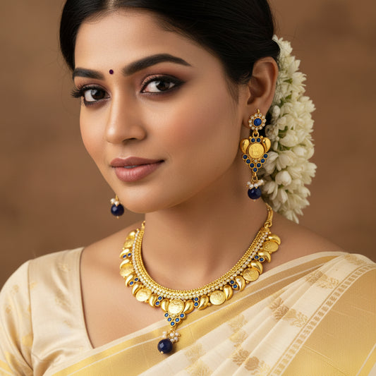 Gold-toned traditional Indian jewelry set featuring a coin choker necklace and matching earrings with blue and white stones, displayed on a dark reflective surface. The brand logo 'SAHeli' is visible in the top left corner.
