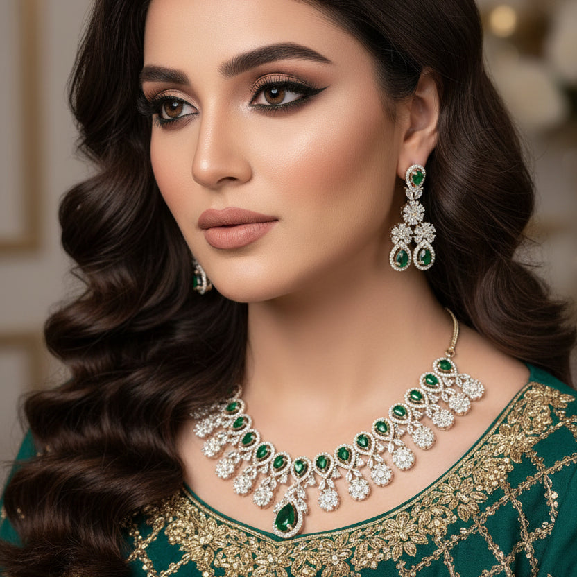 Jewelry set with necklace and earrings featuring green and clear stones on a dark background, branded 'Saheli'.