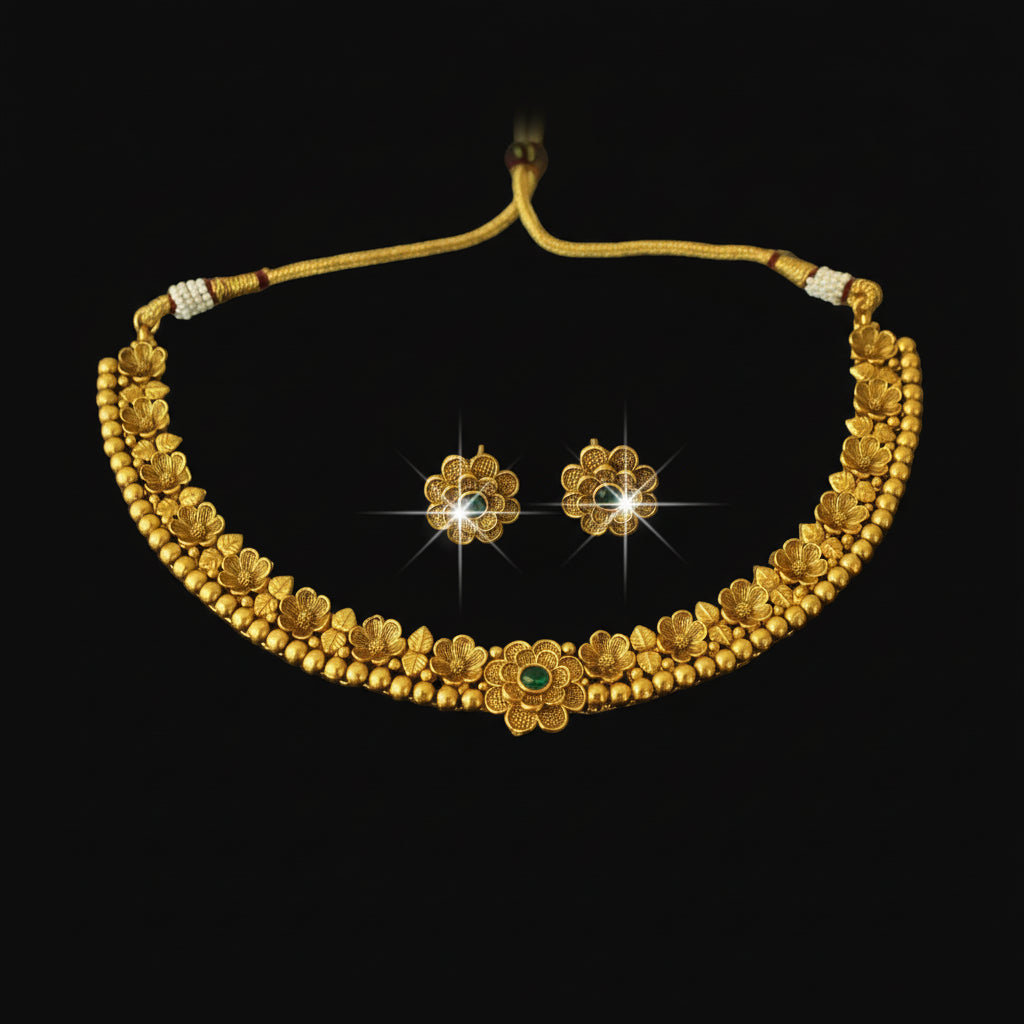 Gold necklace and earrings on a dark background