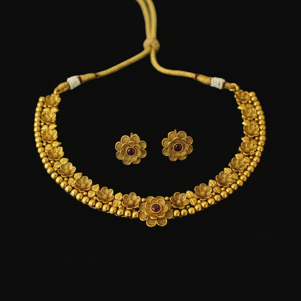 Gold necklace and earrings set on a dark background