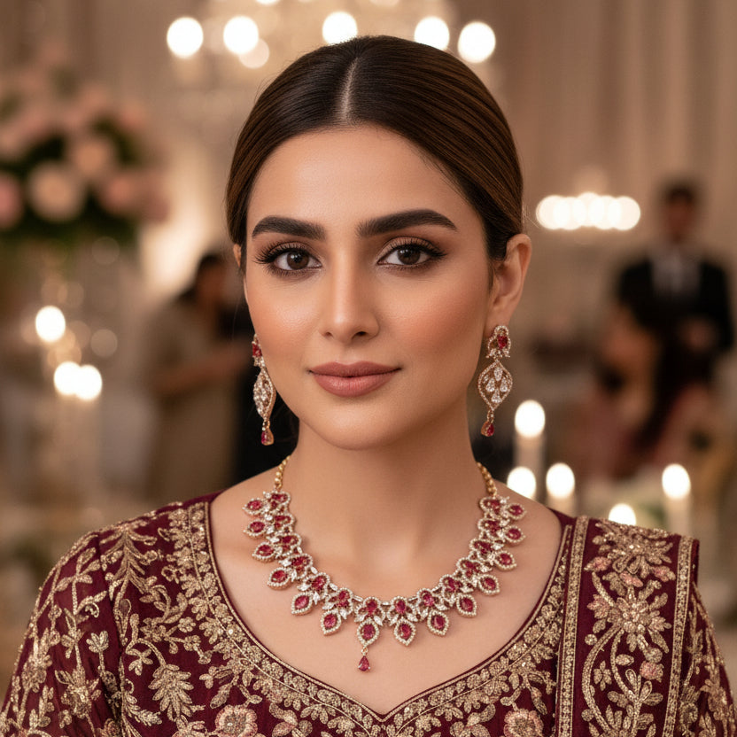 Jewelry set with necklace and earrings on a dark background, featuring the brand 'Saheli'.