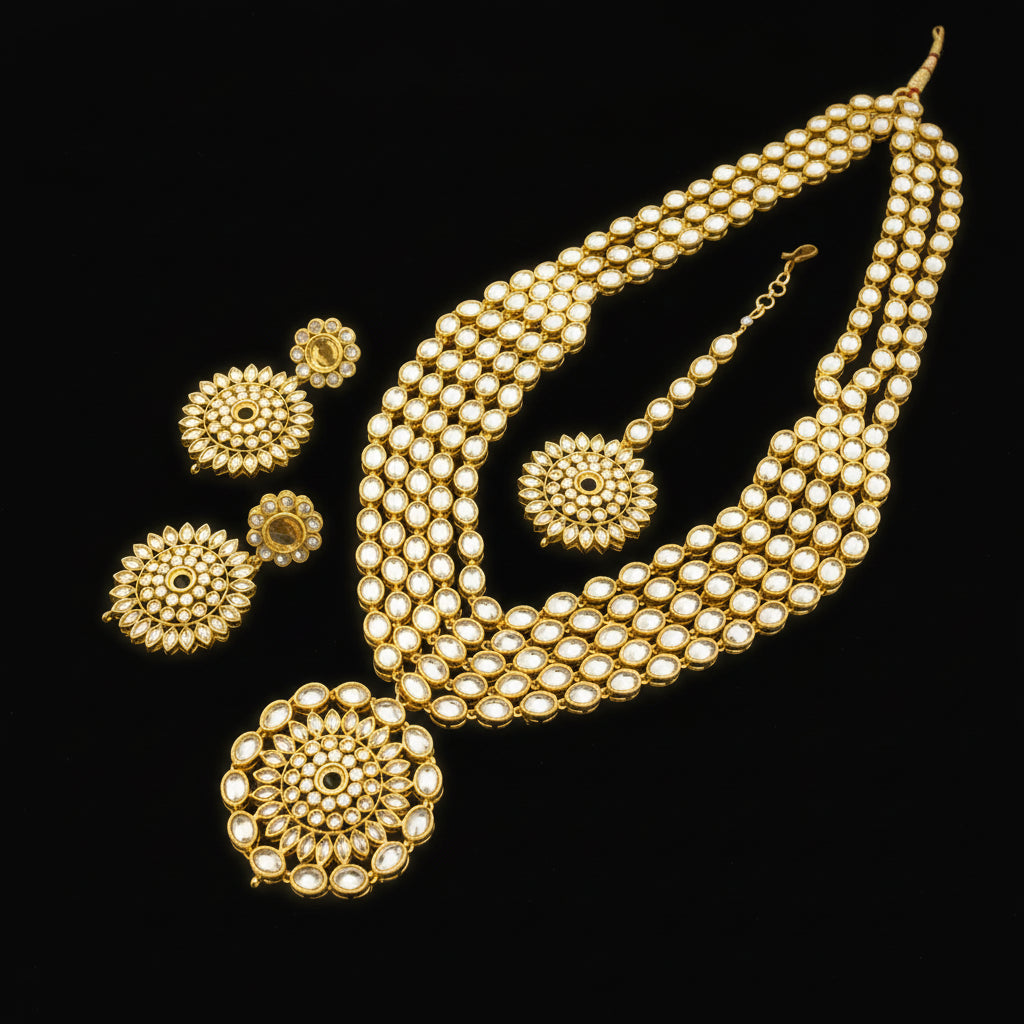 Gold necklace and earrings set with 'Saheli' branding on a dark background