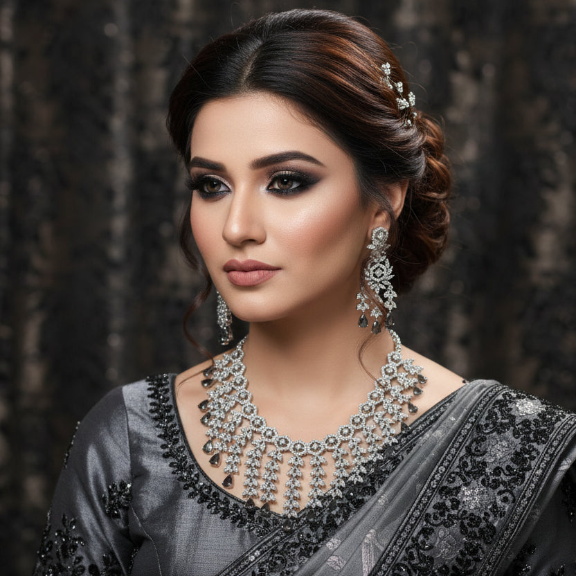 Diamante necklace and earrings set on a dark background