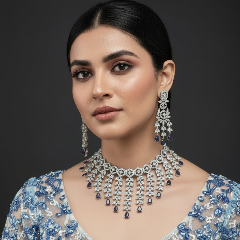 Jewelry set with necklace and earrings on a dark background