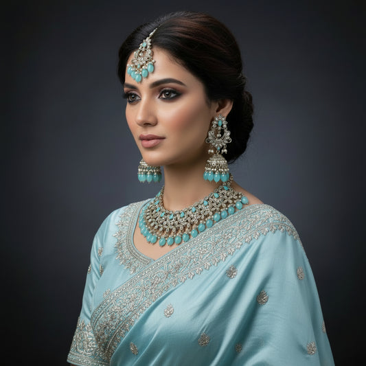 Jewelry set with necklace, earrings, and blue beads on a black background