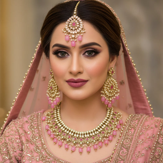 Ornate necklace set with pink stones on a dark background