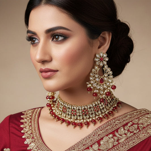 Ornate jewelry set with red and gold accents on a dark background