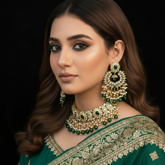 Gold and green jewelry set with 'Saheli' brand on a black background