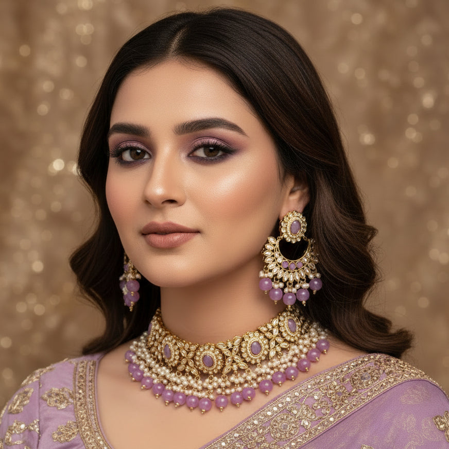 Jewelry set with earrings, choker, and necklace on a black background with 'Saheli' branding.