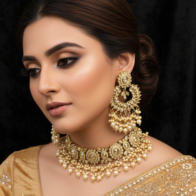 Jewelry set with earrings, necklace, and choker on a black background with 'Saheli' brand logo.