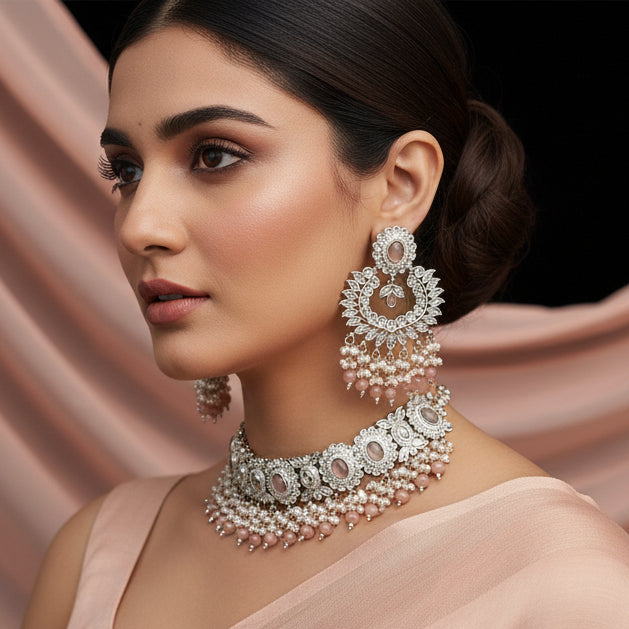 Jewelry set with earrings, necklace, and ring on a black background with 'SAHELI' branding.