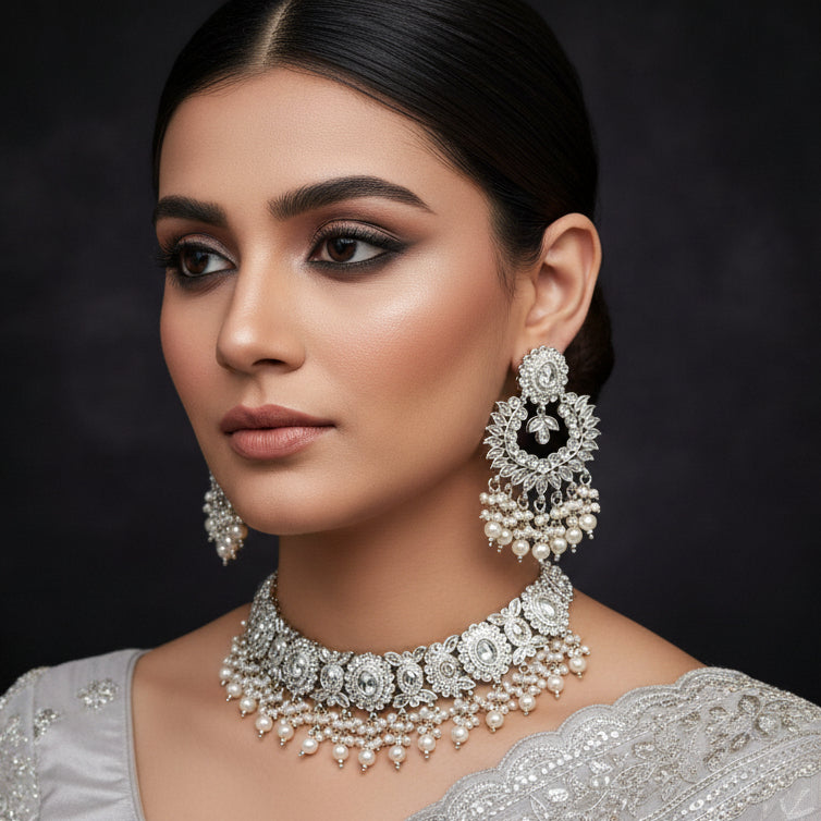 Jewelry set with earrings, necklace, and hairpin on a black background with 'Saheli' branding.