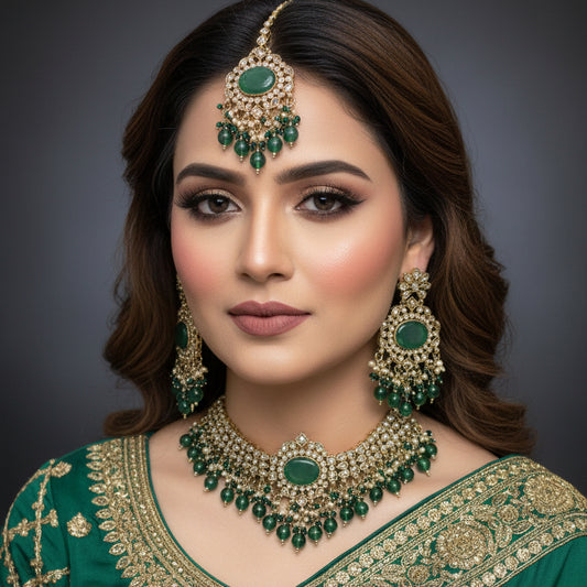 Jewelry set with necklace and earrings featuring green stones on a dark background