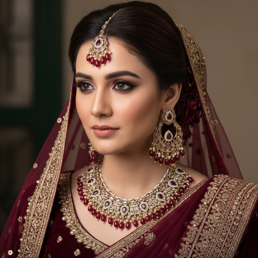 Ornate necklace set with red stones on a dark background, featuring the brand 'Saheli'.