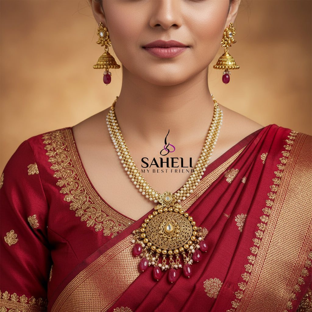 Gold necklace with red beads and matching earrings on a black background, branded 'SAHELI'.