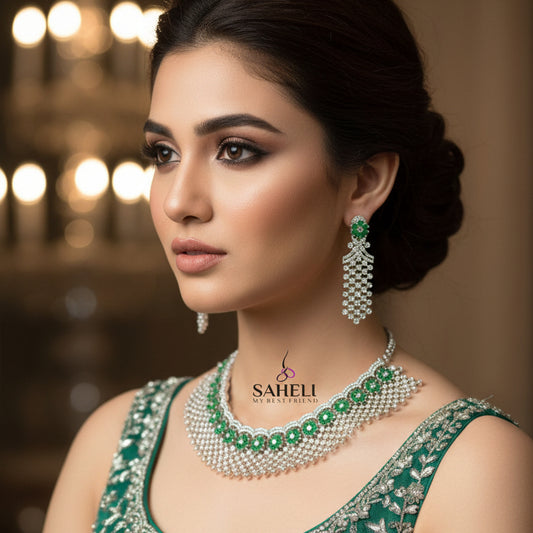 Silver necklace with green stones and matching earrings on a dark background, branded 'Saheli'.