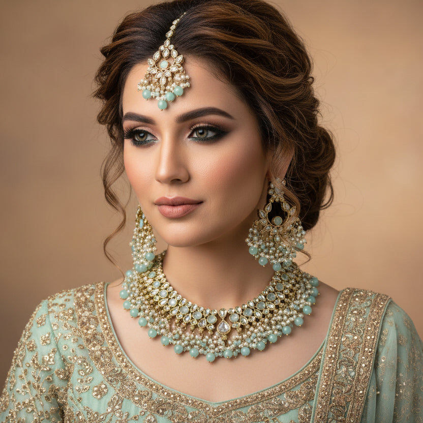 Jewelry set with necklace, earrings, and ring on a dark background