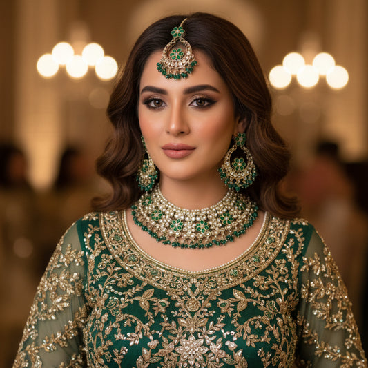 Ornate necklace and earrings with green and white stones on a dark background