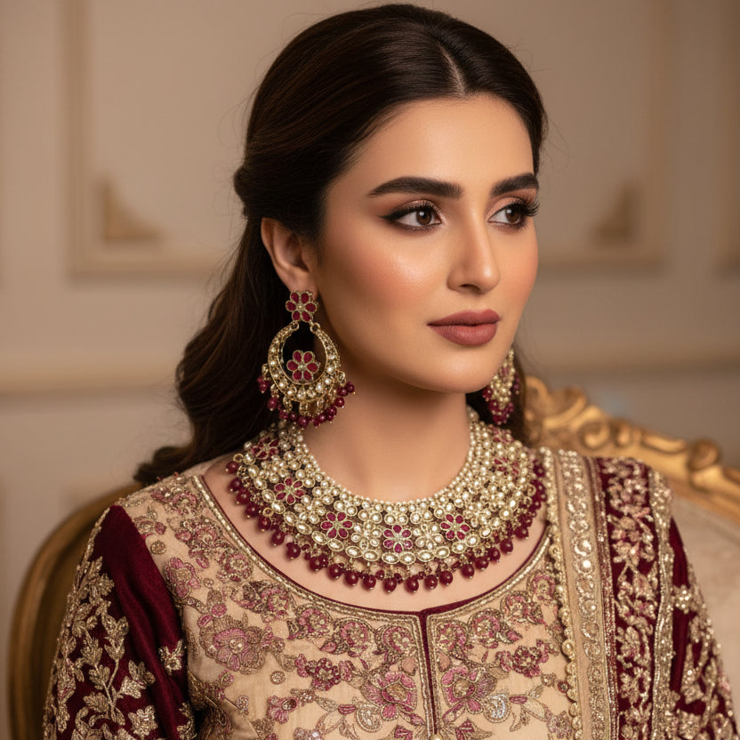 Jewelry set with necklace, earrings, and ring on a dark background