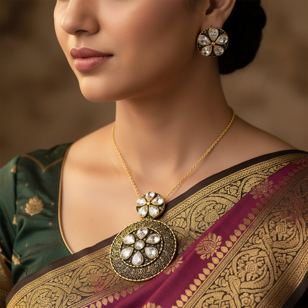 Ornate gold and black earrings with clear stones on a dark background, featuring the brand 'Saheli'.