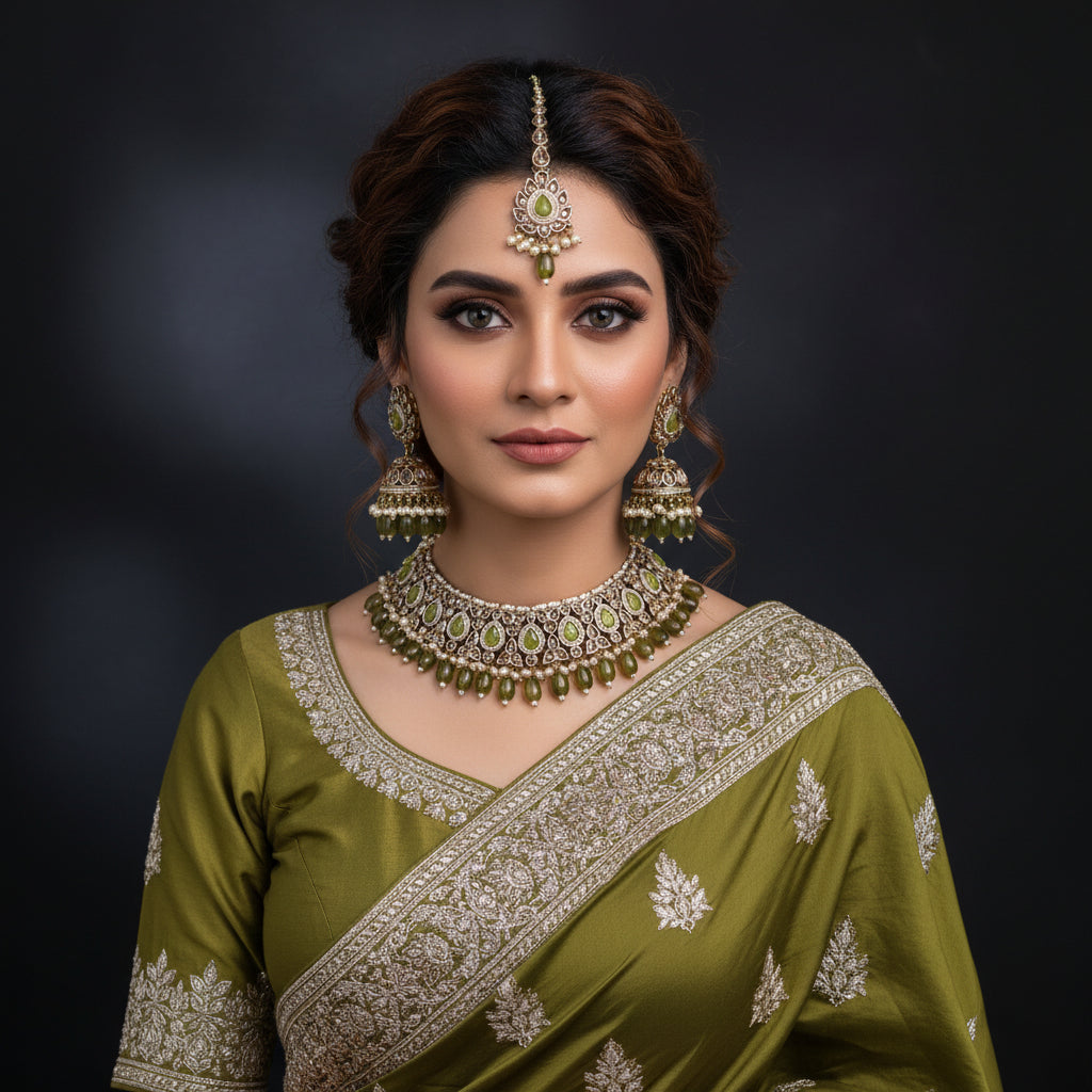 Jewelry set with necklace, earrings, and hair accessories on a black stand with 'SAHELI' branding.