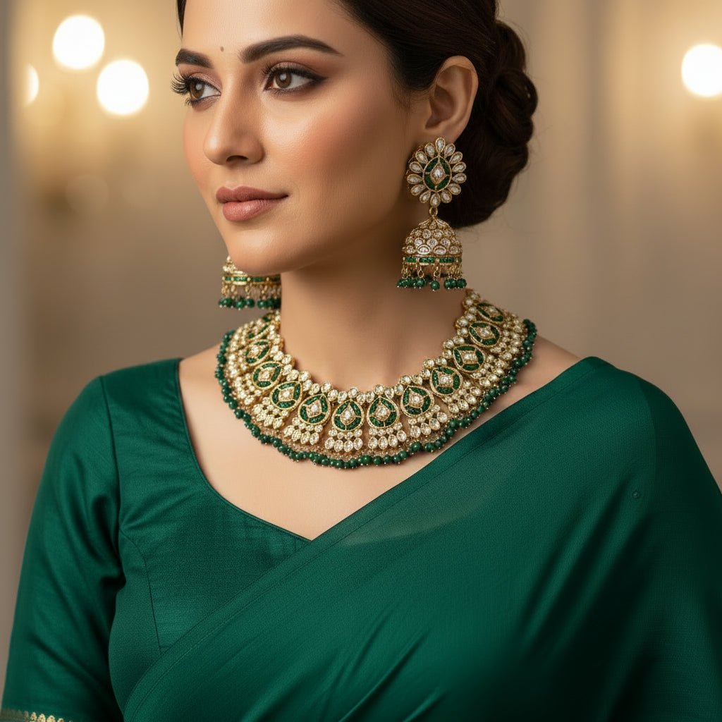 Woman wearing traditional green jewelry against a dark background