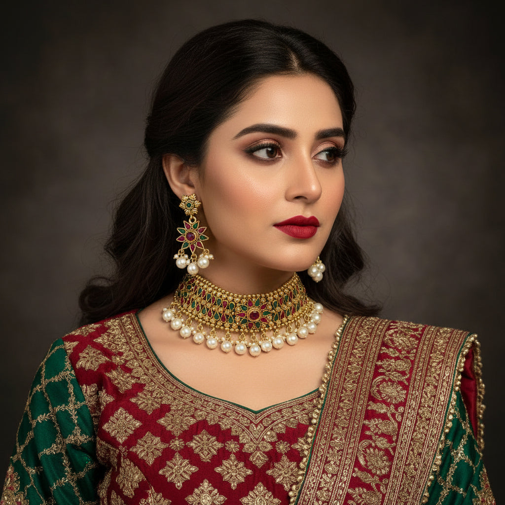 Gold-plated Indian traditional jewelry set including a necklace, earrings, and a choker with red and green enamel details and white pearl beads, displayed on a black reflective surface. The brand logo 'SAHELI MY BEST FRIEND' is visible in the top left corner.