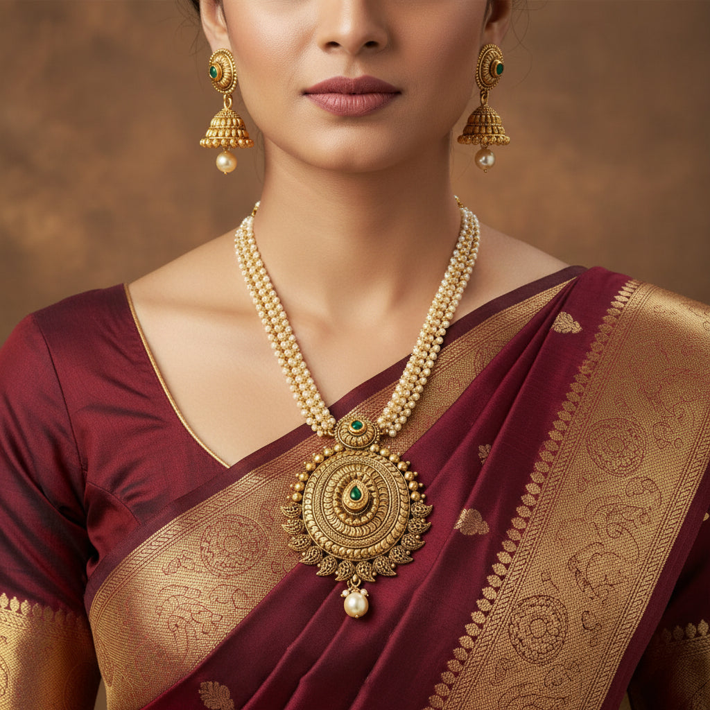 Gold necklace with pendant and matching earrings on a dark background, featuring the brand 'Saheli'.