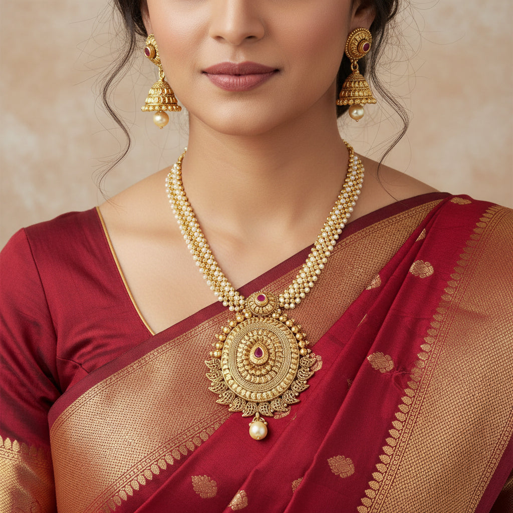 Gold necklace with intricate design and red gemstones, paired with matching earrings on a dark background. Brand 'Saheili' visible.