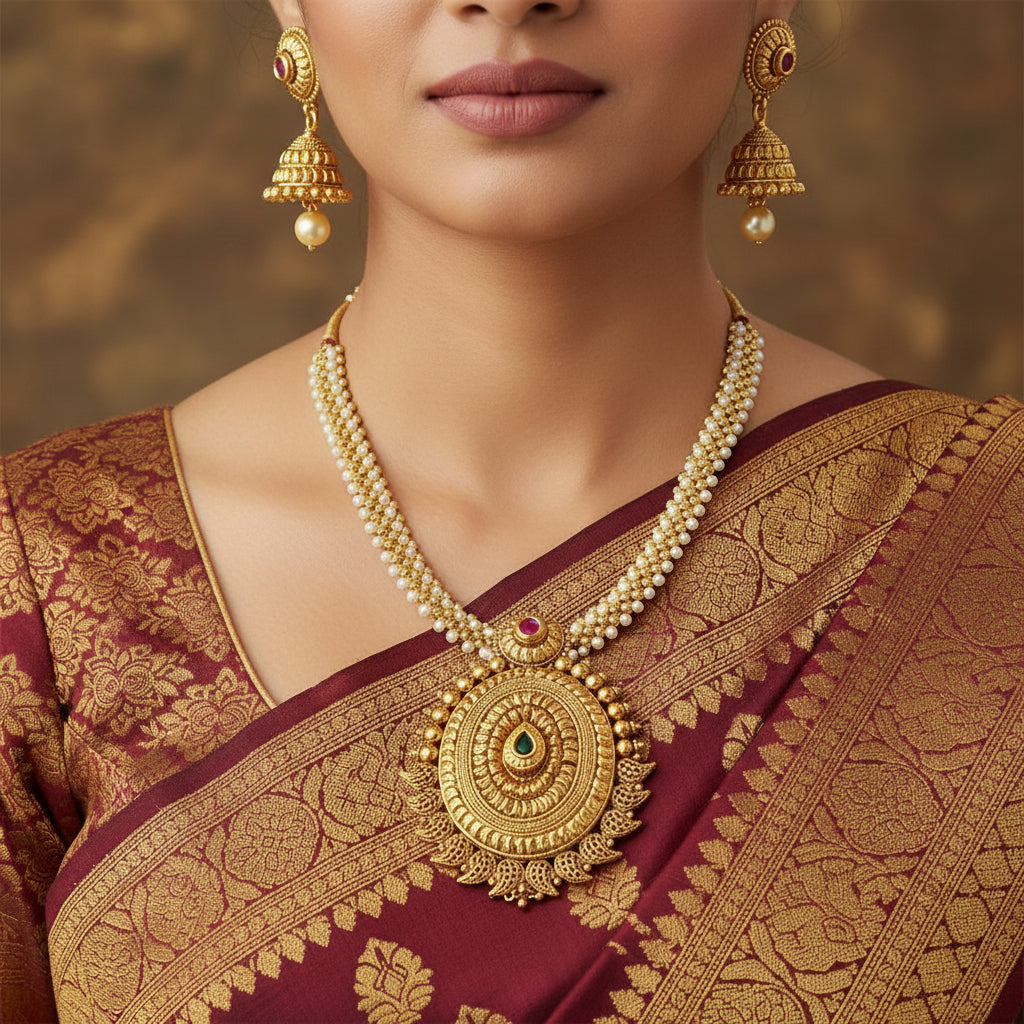 Gold necklace with pendant and matching earrings on a dark background, branded 'SAHELLI'.