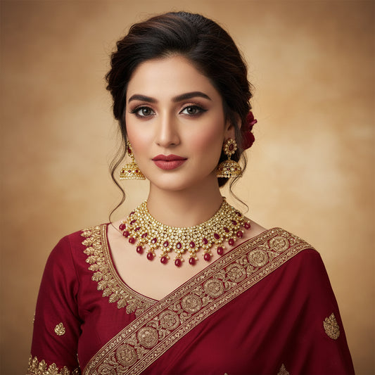Gold necklace with red stones and matching earrings on a black background, branded 'SAHELI'.