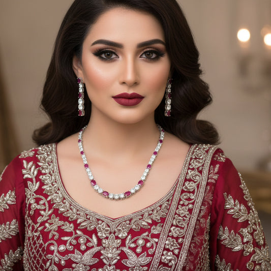 Jewelry set with necklace and earrings featuring red gemstones on a gray background