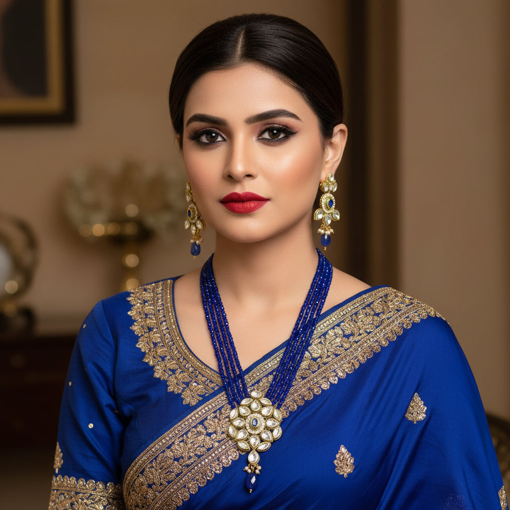 A royal blue beaded necklace and matching earrings set with gold-plated metal and white stones, displayed on a dark gray reflective surface. The brand logo 'SAHELI MY BEST FRIEND' is visible in the top right corner.
