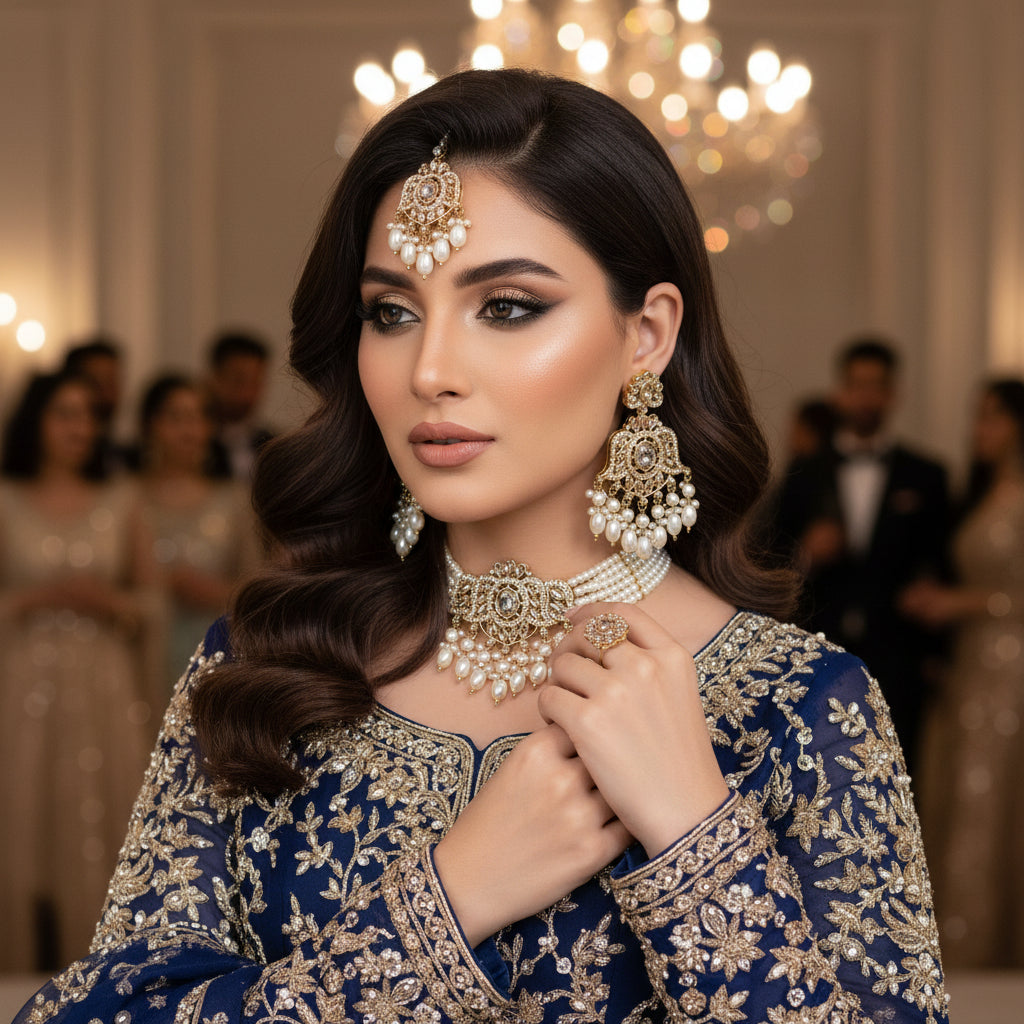 Jewelry set with necklace, earrings, and choker on a black stand with 'Saheli' branding.