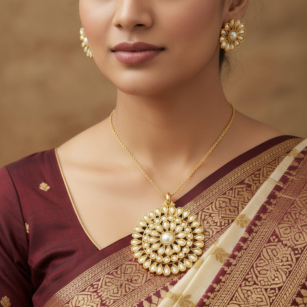 Gold and pearl earrings on a dark gray background with 'SAHELI' branding.