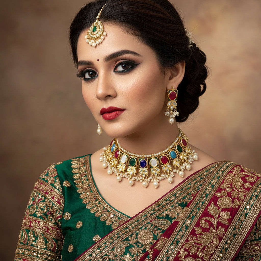 Gold-plated Indian bridal jewelry set including a choker necklace, matching earrings, and a waist chain, embellished with white faux pearls and multicolored gemstone accents on a dark reflective surface.