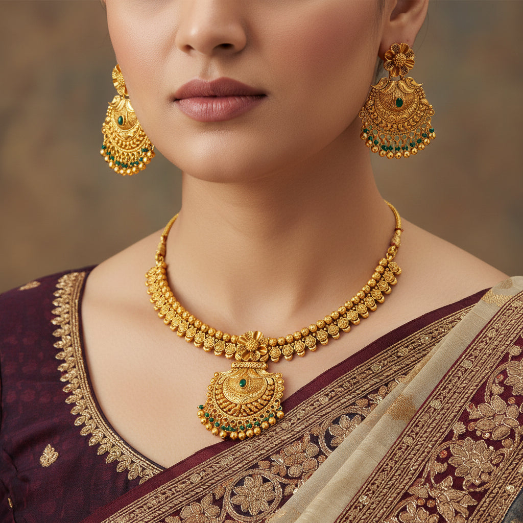 Gold necklace and earrings set on a green background