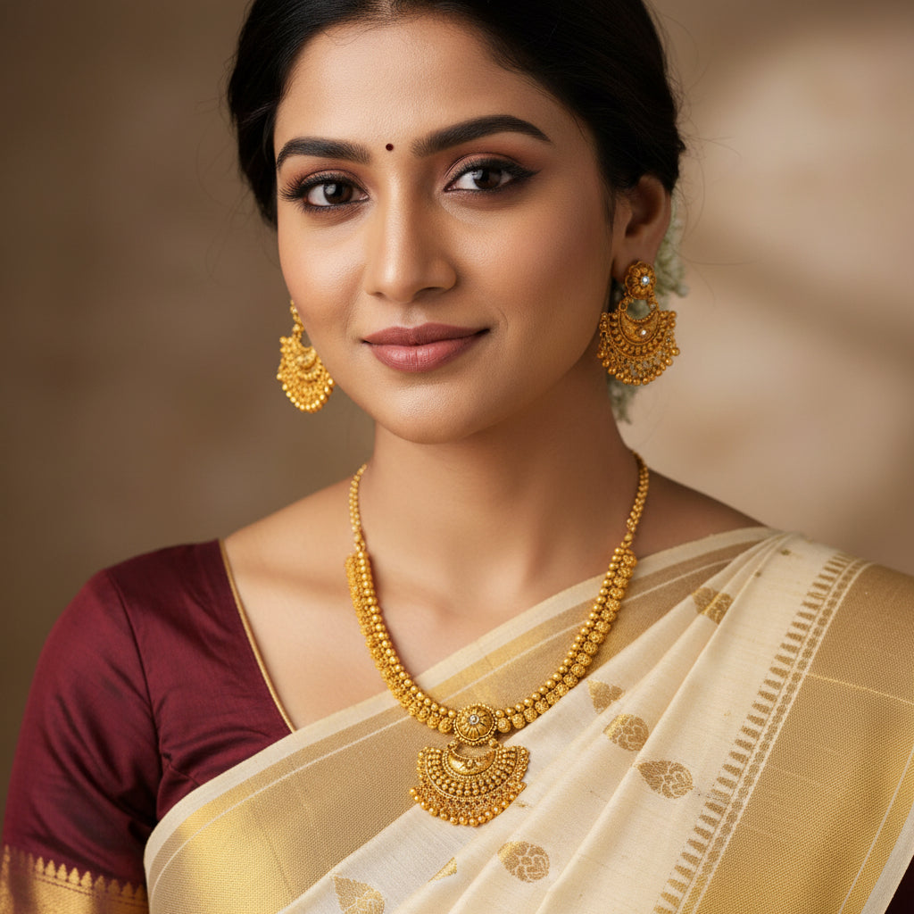Gold necklace and earrings set on a green background