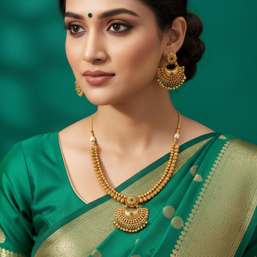 Gold necklace and earrings set on a green background