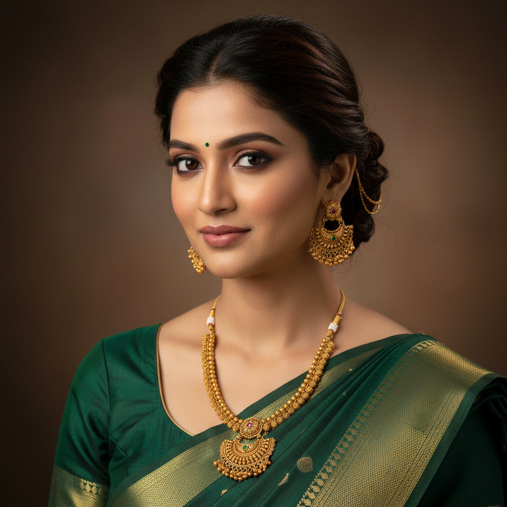 Gold necklace and earrings set on a green background