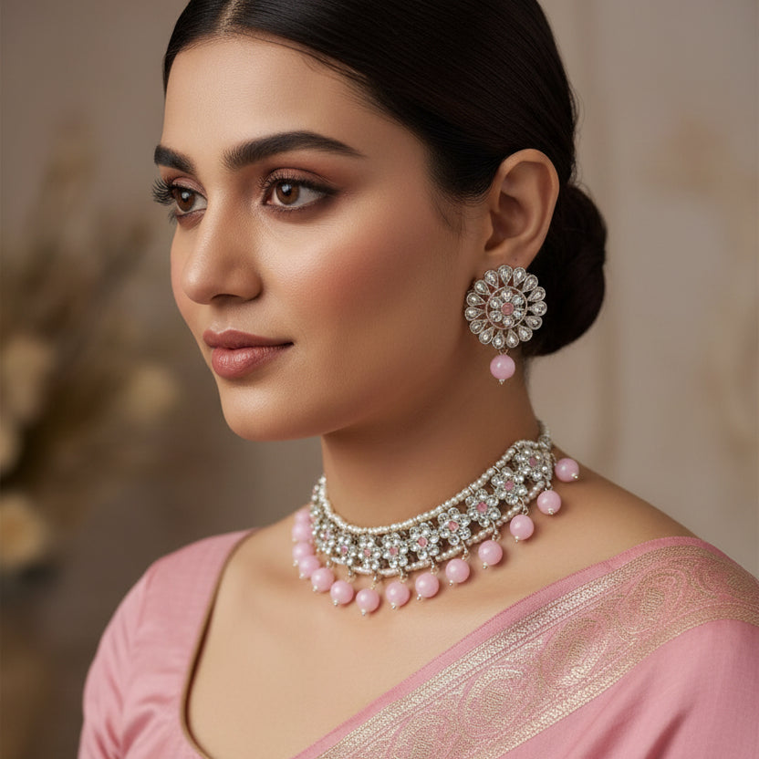 Jewelry set with necklace and earrings on a dark background, featuring the brand 'Saheli'.