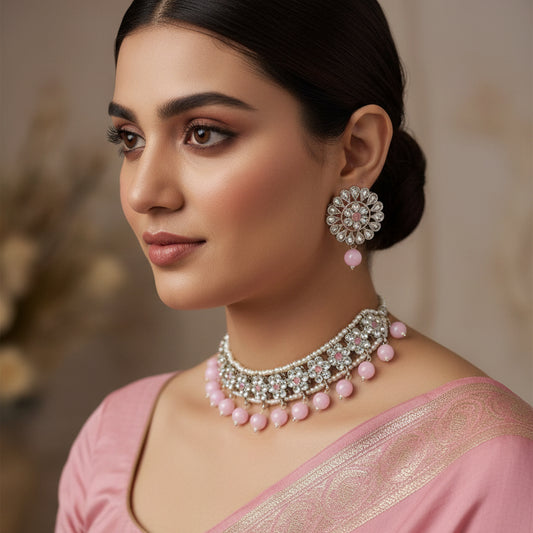 Jewelry set with necklace and earrings on a dark background, featuring the brand 'Saheli'.