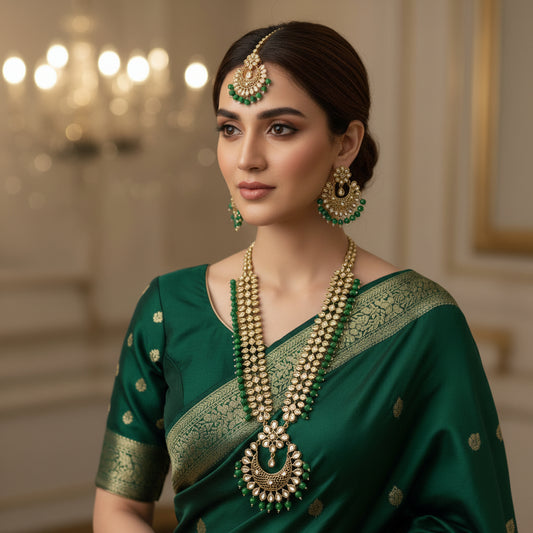 Gold and green jewelry set with 'SAHELI' branding on a dark background