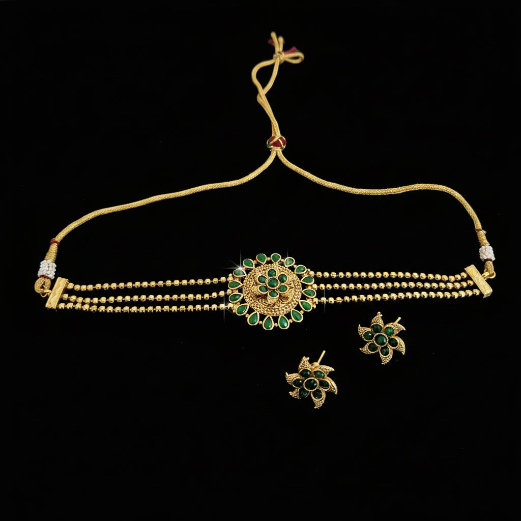 Gold necklace with green gemstones on a dark background