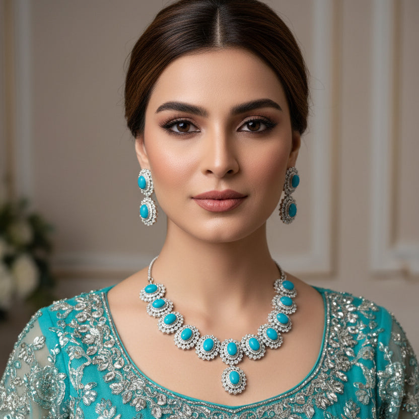 Jewelry set with necklace and earrings featuring blue stones on a dark background, branded 'SAHELI'.