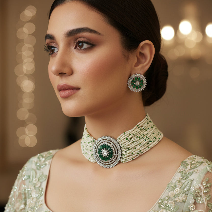 Beaded necklace and earrings with green and white stones on a dark background