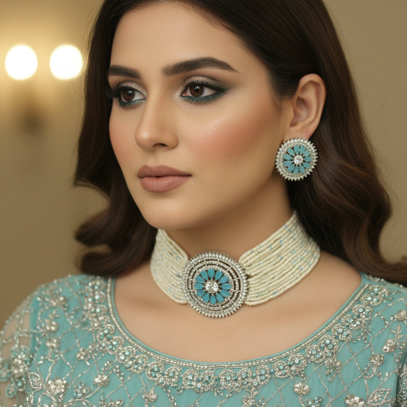 Jewelry set with necklace and earrings on a dark background