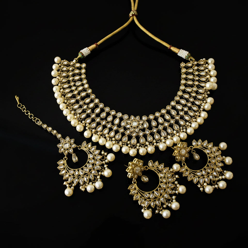 Gold-plated Indian traditional jewelry set featuring a choker necklace, matching earrings, and a maang tikka, embellished with faux pearls and clear stones, displayed on a dark reflective surface with the brand name 'SAHELI' visible.